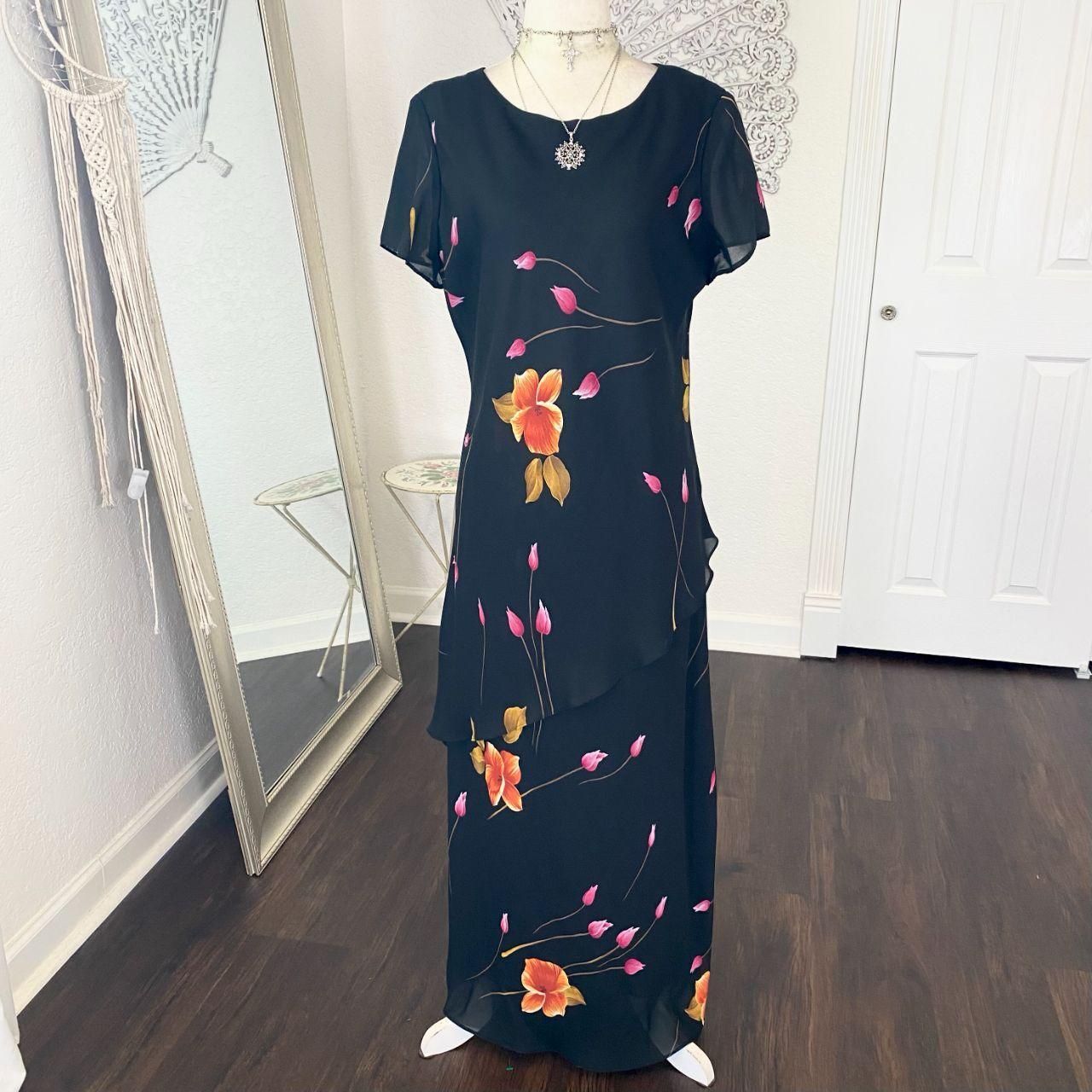 Jessica Howard Early 2000's Black Pink Milkmaid Coquette Floral Midi Dress M / L
